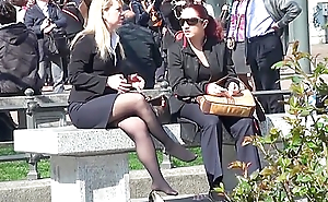 Spying Camera Captures Hot Merchant In Public Resting Her Limbs In Nylon Nylons